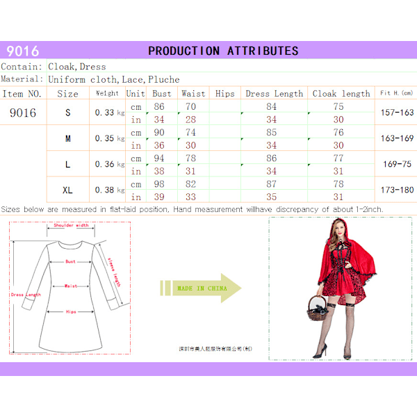 Vuxen Rödluvan Kappa och Klänning - Plus Size Kostym för Uppträdanden Halloween & Jul No Gloves S