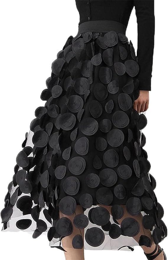 Brugerdefineret nederdel til kvinder 3D Prikket Elastisk Talje Mesh Midi Nederdele black