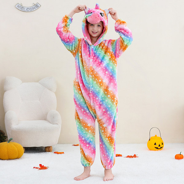 Unisex barn jumpsuit Plüschdräkt med hatt och svans för klä upp rollspel Halloween för festpresenter Rainbow unicorn 【135-145CM】