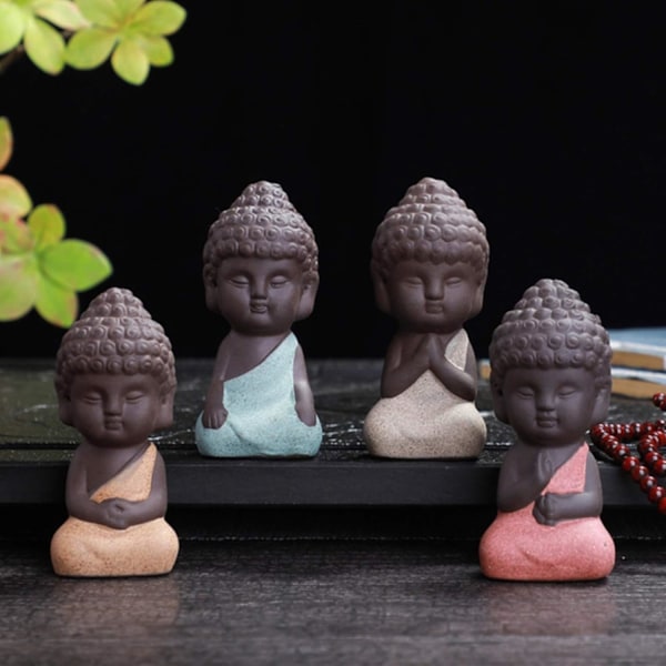 4 stk Mini søte keramiske Buddha-statuer, små bedårende munkfigurer
