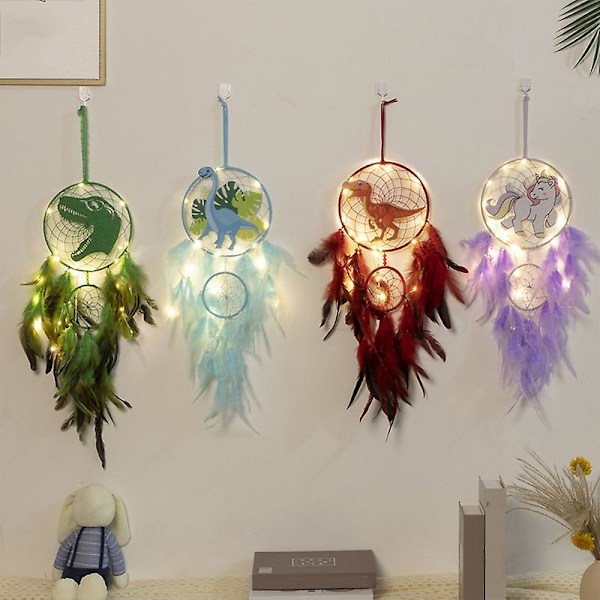 Dinosaur Drømmefanger Ornament Børn Faux LED Lys Fjer Drømmefanger Håndlavet Boligindretning Fødselsdag Blå With Light Blue