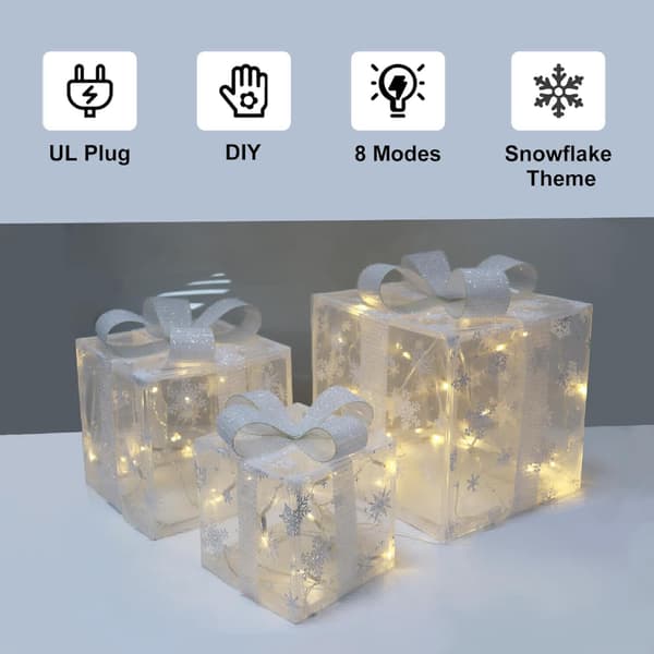 Set med 3 julbelysta presentaskar LED-belysning julklappsdekorationer för utomhus inomhus julgran, varmvit