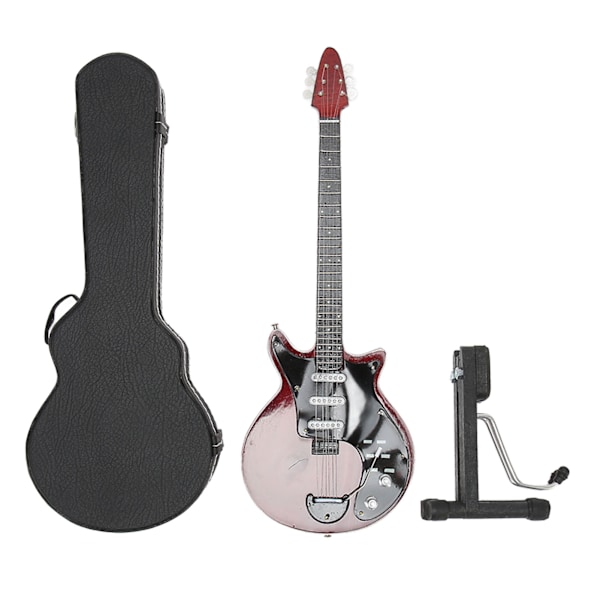 Miniature elguitar i rødbrun farve med stativ og etui, musikinstrumentmodeldekoration 10 tommer