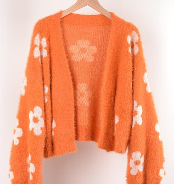 Damkofta med lång ärm, blommigt tryck, knappar framtill, V-ringning, stickad, orange orange XL
