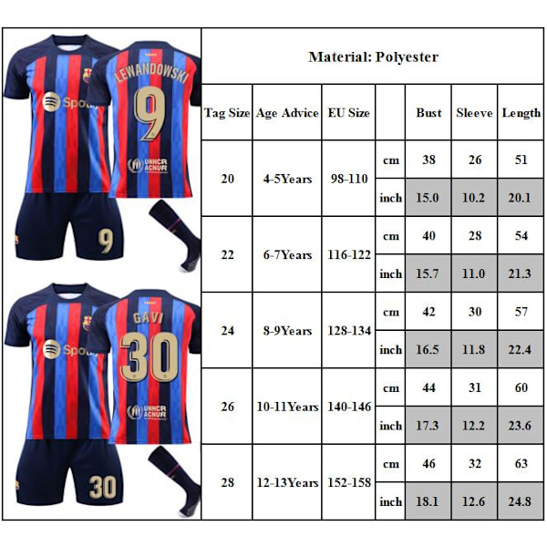 Barcelona Hjemmesæt Nr. 10 Messi Nr. 9 Lewandowski Sportswear Sæt Børn Drenge Fodboldudstyr Træningssæt Trøje Shorts Strømper Trøje#10 #10 26