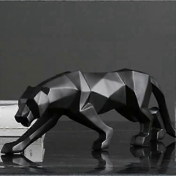 Panterskulpturprydnad, staty modern geometrisk hartsleopardprydnad - svart, stor, 44 cm