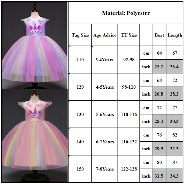 Jentekjole med enhjørning - Prinsessekjole for jenter - Perfekt rosa pink 120cm