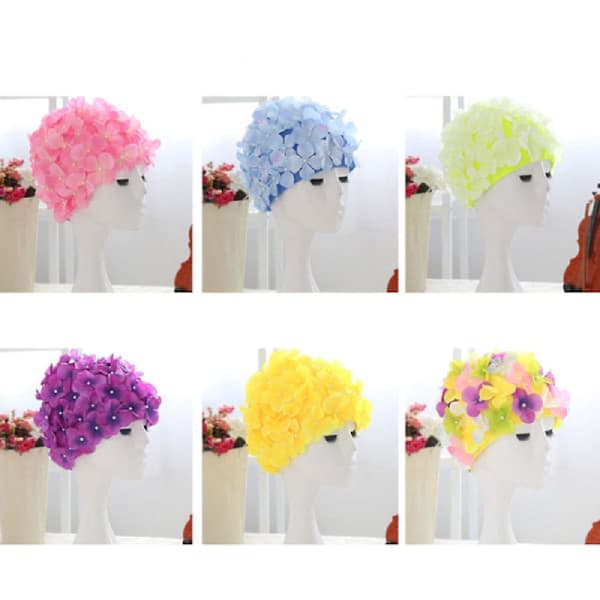 Badehette for kvinner med kronblader retro 3D blomsterbadehette dameblomsterbadehette yellow