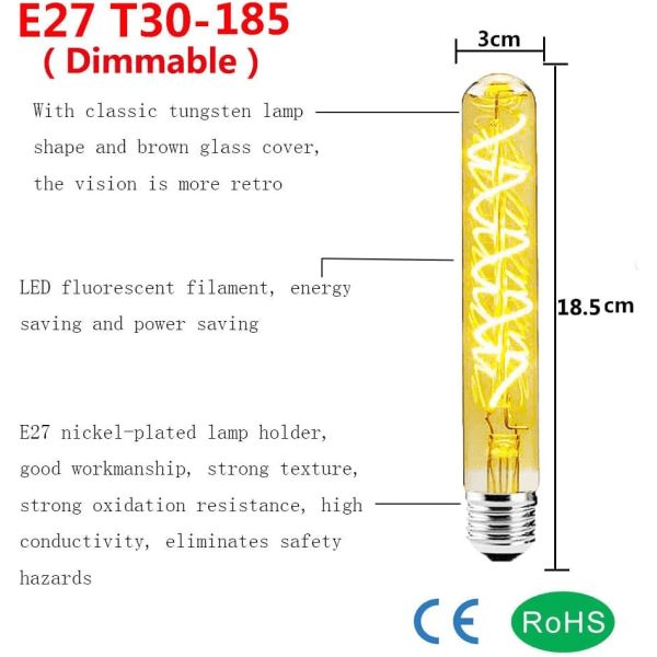 Set med 2 dimbara 4W långa rör Edison LED-spiralglödlampor E27 T30 4W glödlampa bärnstensglas varmvit 2700K lampa retro glödlampa