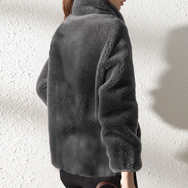 Dame Fleece Fluffy Teddy Bear Frakke Ensfarvet Lommejakke Overtøj Grå 2XL Grå