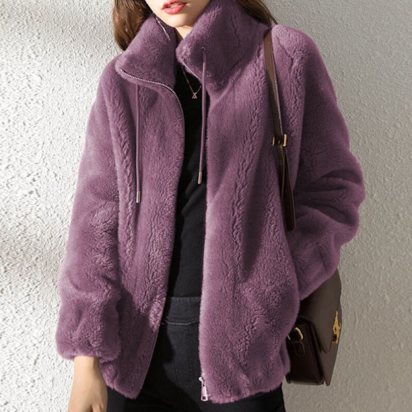 Dame Fleece Fluffy Teddy Bear Frakke Ensfarvet Lommejakke Overtøj Lilla 2XL Lila