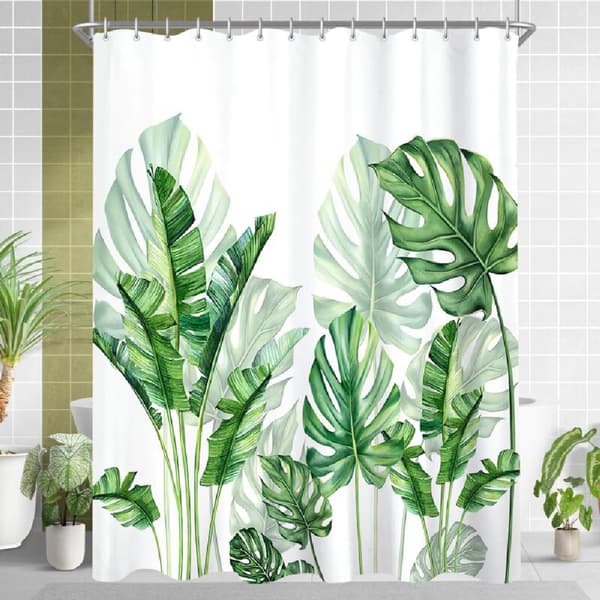 Duschdraperi med gröna blad 180x200 cm, viktad fåll, anti-mögel, vattenavvisande, tvättbar polyester med 12 ringar för badrum
