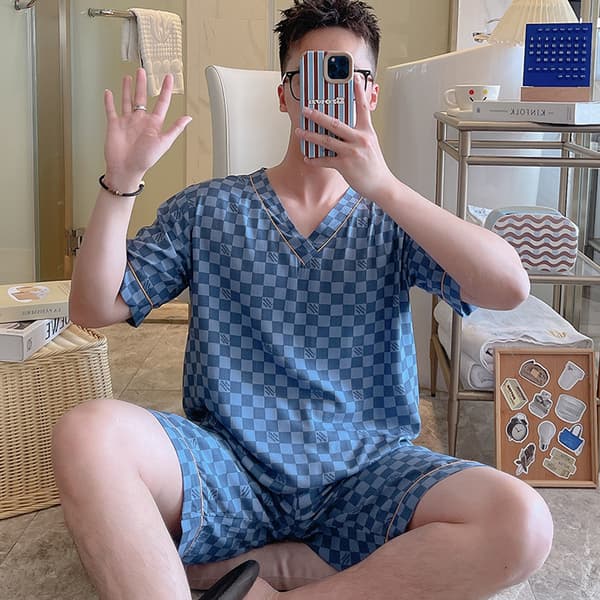 Herr kort pyjamas set Man Sommar Tunna Bomullsshorts Tryck Casual Hemmakläder V-ringning XL