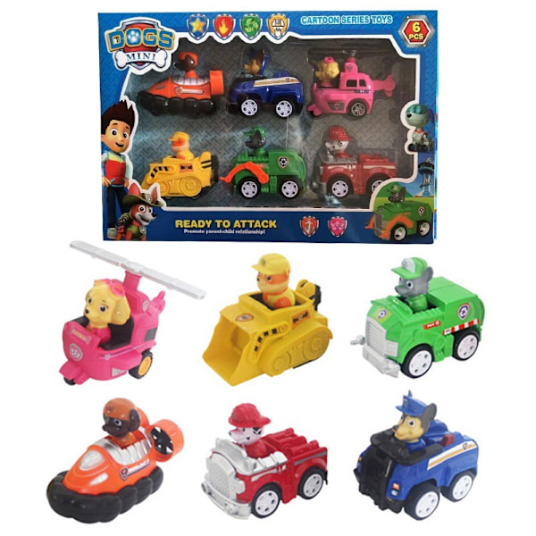 6-pack Paw Patrol Valp Actionfigurer Dragbil Leksak - WELLNGS.