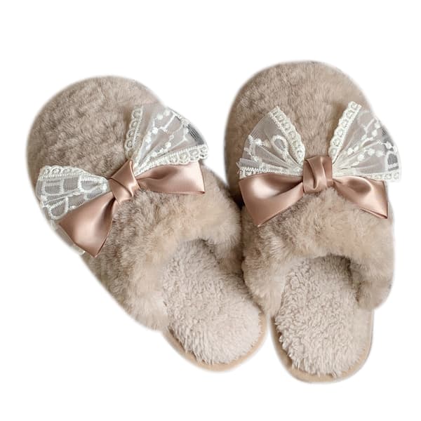 Fluffy hjemmesko med sløjfe i farveblok til efterår og vinter khaki khaki 38-39