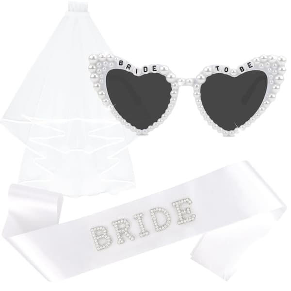 Brudeslør og Tiara Sæt med Hjerte Solbriller, Perle BRIDE TO BE Bryllupstilbehør til Brudefester og Bryllupsfester White A