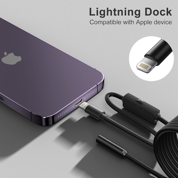 Endoskop för iPhone, ILIHOME inspektionskamera med 5,5 mm lins, 5 meter halvstyv kabel boreskop IP68 vattentät 5m