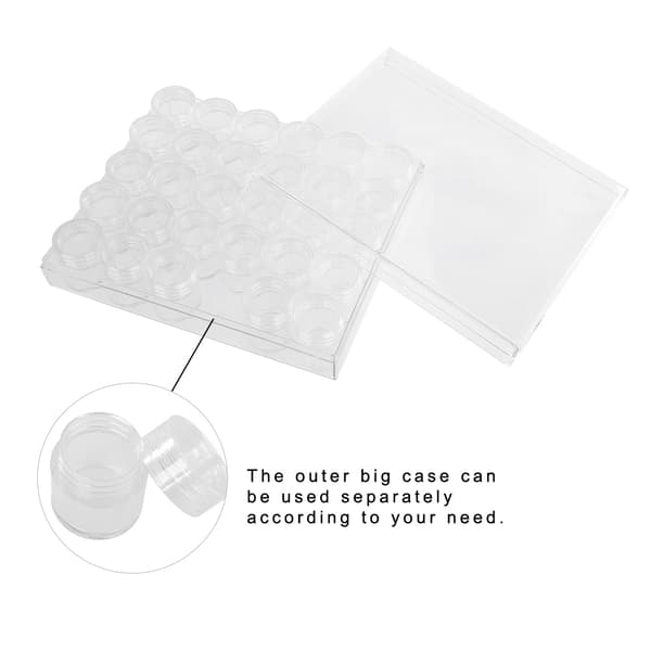 Klar plast smyckesförvaringslåda rektangulär låda 30 små runda behållare burkar 2 st