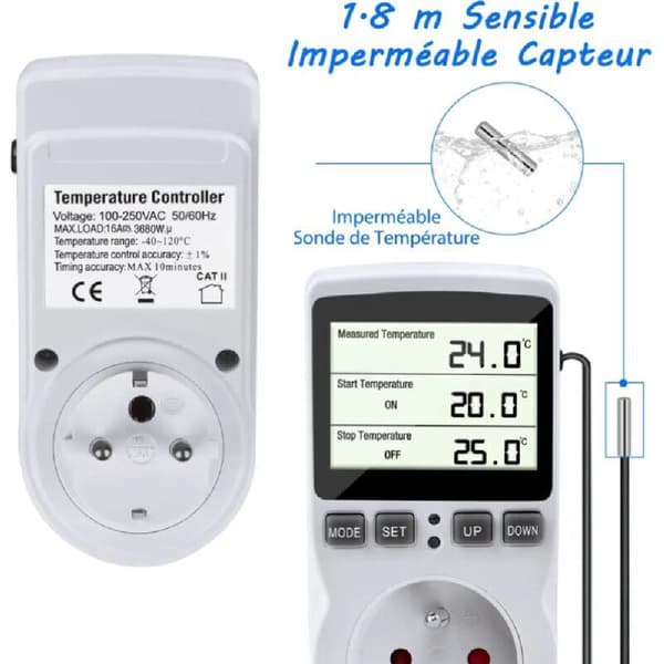 Termostatstik, temperaturregulator, programmerbar digital timer med sonde, drivhusvarmetermostatstik, akvarium 1 stk.