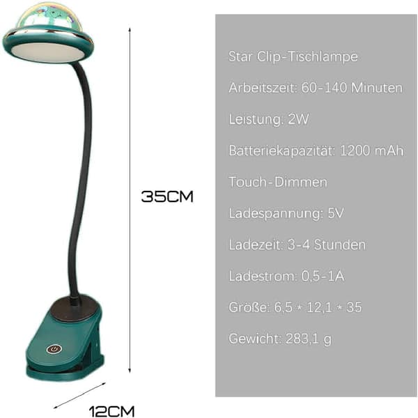 Klippbar lampe for barn, dimbar berørings-USB oppladbar LED-klippbar leselampe, stjerneklemme nattlys (grønn)