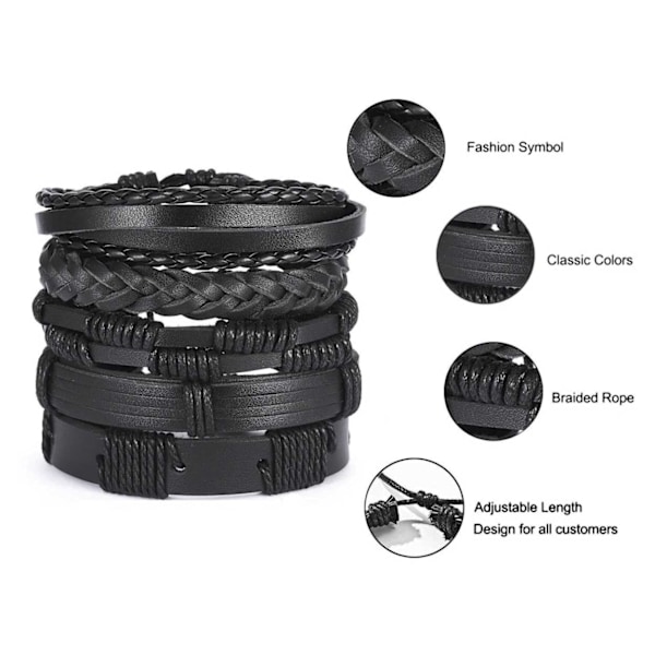 5-pak Håndlavede Læderarmbånd Herrearmbånd Sort sort black
