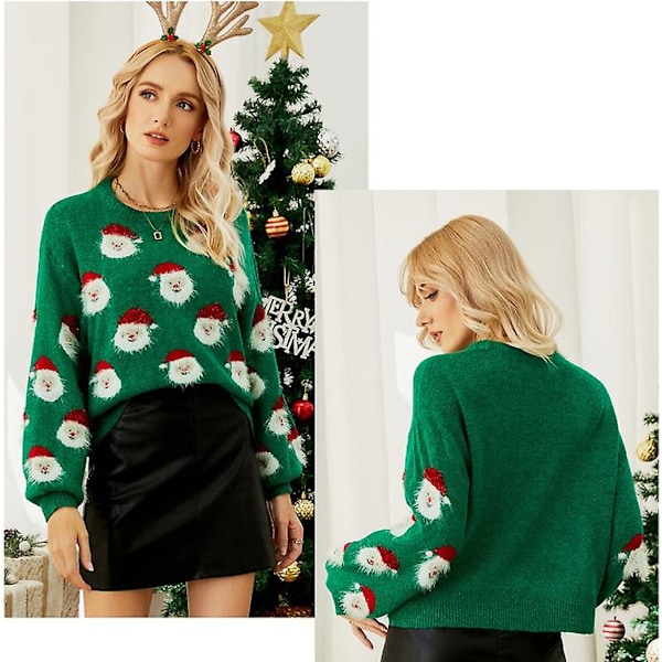 Juletrøje til kvinder - Sjov og sød juletræ, snefnug, rensdyr, julemand, strikket pullover GREEN XL
