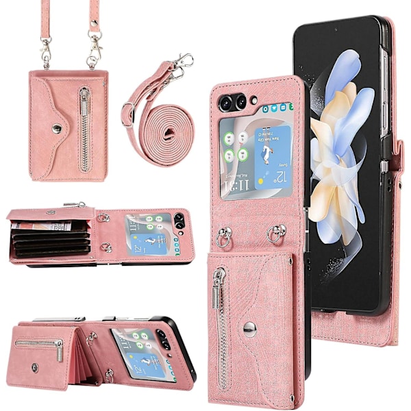 Plånboksfodral för Samsung Galaxy Z Flip 6 med axelrem, kortfack, stativ och läderfodral pink