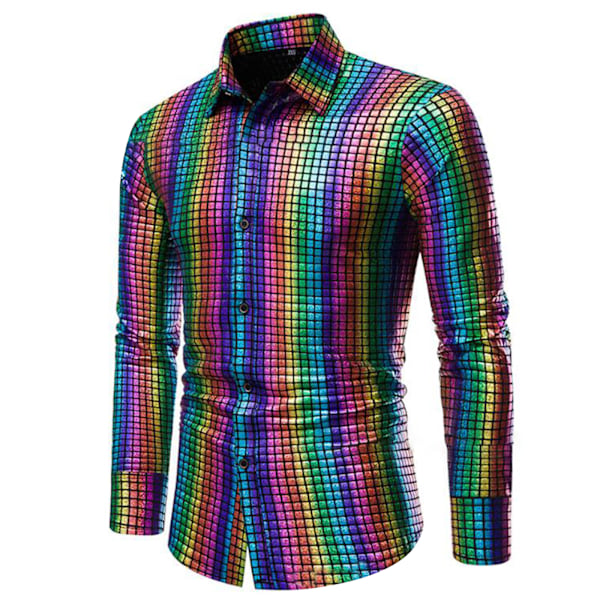 Menners Dress Skjorte Sekvens Lang Ermet Skjorte Fest Nattklubb Regnbue rainbow XL