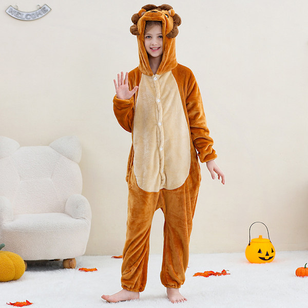 Unisex barn jumpsuit Plüschdräkt med hatt och svans för klä upp rollspel Halloween för festpresenter Lion romper 【115-125CM】