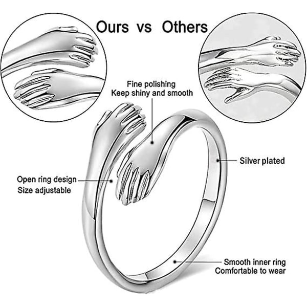 2 kpl Hug-sormus, 925 Sterling hopea Hug-sormukset naisille miehille tytöille Rakkaus Halaukset Avaa Lupaussormus Y