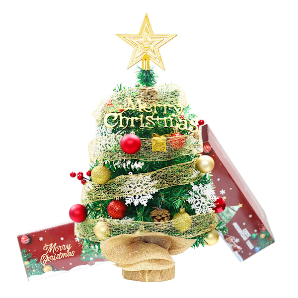 45cm Christmas Tree Ribbon - Tabletop Mini Artificial Christmas Tree with Star Topper and Hanging Ornaments