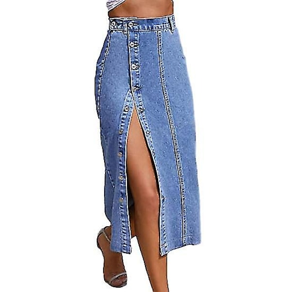 Dam Casual Hög Midja Enfärgad Knäppt Denim Jeanskjol Ljusblå 3XL Light blue