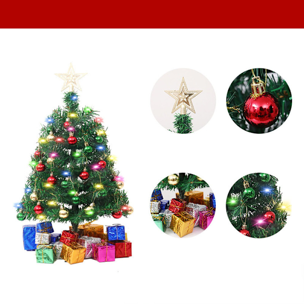 45CM Green Christmas Tree with LED Lights - DIY Tabletop Mini Artificial Xmas Tree with Star Treetop, Tiny Gift Boxes, and Hanging Ornaments