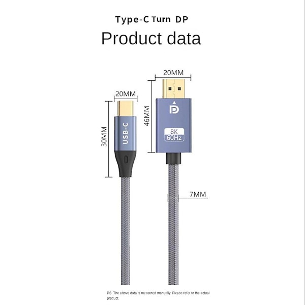 USB-C - DisplayPort -kaapeli, kaksisuuntainen, 8K 60Hz, Displayport - Type-C 3.1 DP -kaapeli 3:lle Pro:lle