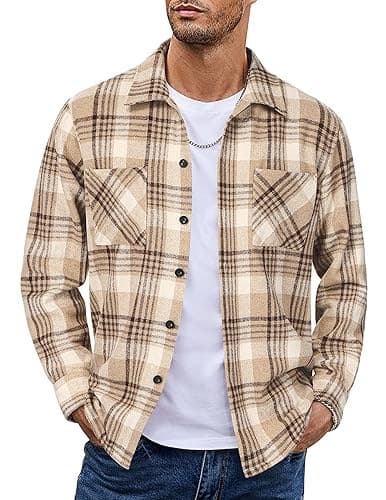 Flannelskjorter til mænd, afslappet ternet button-down skjortejakke Khaki S