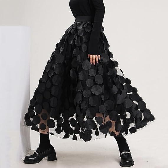 Skjørt for kvinner 3D Polka Dot Elastisk Midje Mesh Midi Skjørt black
