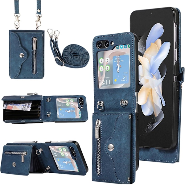 Plånboksfodral för Samsung Galaxy Z Flip 6 med axelrem, kortfack, stativ och läderfodral blue