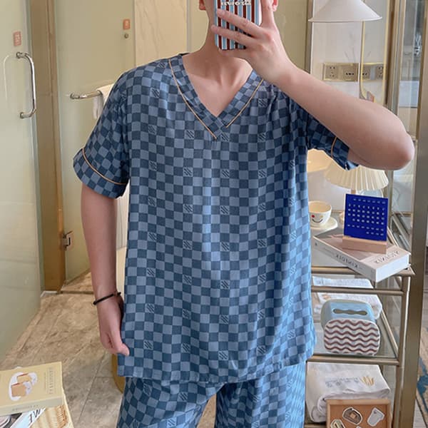 Herr kort pyjamas set Man Sommar Tunna Bomullsshorts Tryck Casual Hemmakläder V-ringning XL