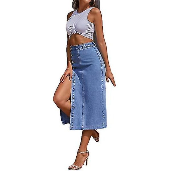 Dam Casual Hög Midja Enfärgad Knäppt Denim Jeanskjol Ljusblå 3XL Light blue