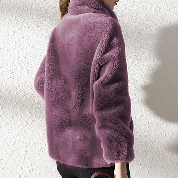 Fleecejacka för dam, fluffig teddybjörnsjacka, enfärgad fickjacka, ytterkläder, lila L Lila