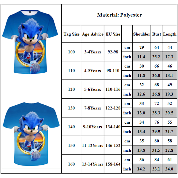 Sonic The Hedgehog 3D T-shirt för barn, pojkar och flickor, kortärmad, festival 110CM