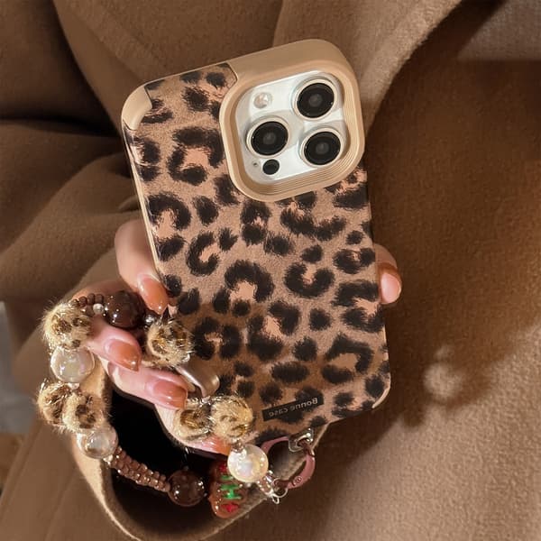 Heltäckande Stötsäkert Pärlat Nyckelbandsskal för iPhone (Leopardmönster) iPhone 17Air