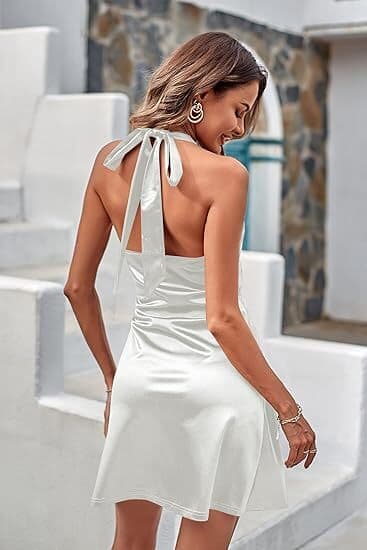Dame Halterneck Sateng Minikjole Sexy Silkekjole hvit white S