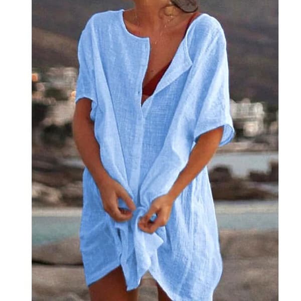 Dam T-shirt Oversize Strandklänning, Bikini Cover-up med Rund Hals, Knappstängning Vit White M