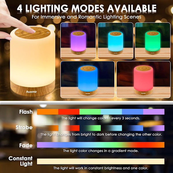 Sengelampe, RGB Farver & 4 Tilstande LED Berøringslampe, Bærbar Trådløs Dæmpbar Lampe med Timerfunktion