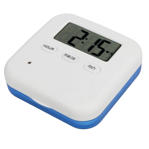 Bärbar medicinlåda med timer, smart medicinorganisatör med klocka, vibrationspåminnelse, 4 stora fack, medicinskåp, blå