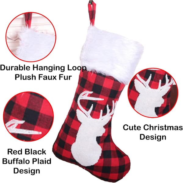Julestrømper Sæt med 3, 48 cm Store Røde og Sorte Buffalo Check Strømper med Plys kant, Personlige Strømpepynt