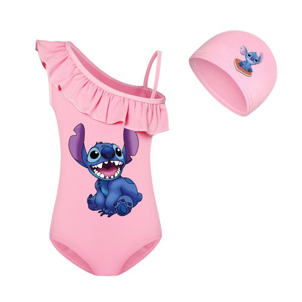 Barn Flickor Lilo Stitch Tryckt Monokini Baddräkt & Badmössa Kostym Surf Strandkläder Sommar Baddräkt i Ett Stycke Rosa Pink 140cm