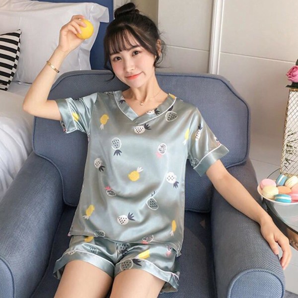 Satin Pyjamas Set för Kvinnor, Knäppta Pyjamas Set Toppar och Shorts, Siden Sovkläder för Hemmakläder L