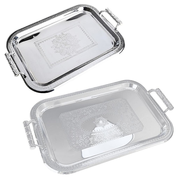 Nordisk Serveringsbrett i Rustfritt Stål med Håndtak Elegant Rektangulær Kaffe Bar Mat Holder Dessert Display Tallerken Dekor Sølv Silver S